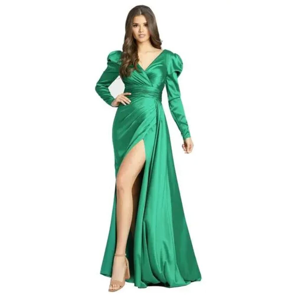 Mac Duggal Emerald Green Satin Maxi Dress with Puff Sleeves